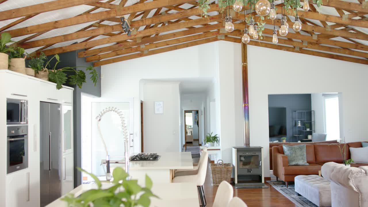 Camera is nudging forward left, revealing island, pendant lights, beams and plant, showing layout
