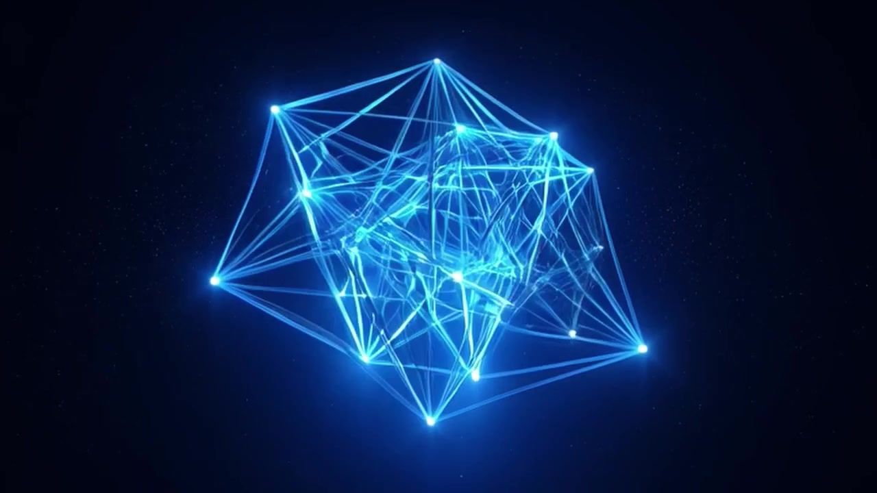 Abstract Glowing Blue Geometric Network Structure Rotating in Space