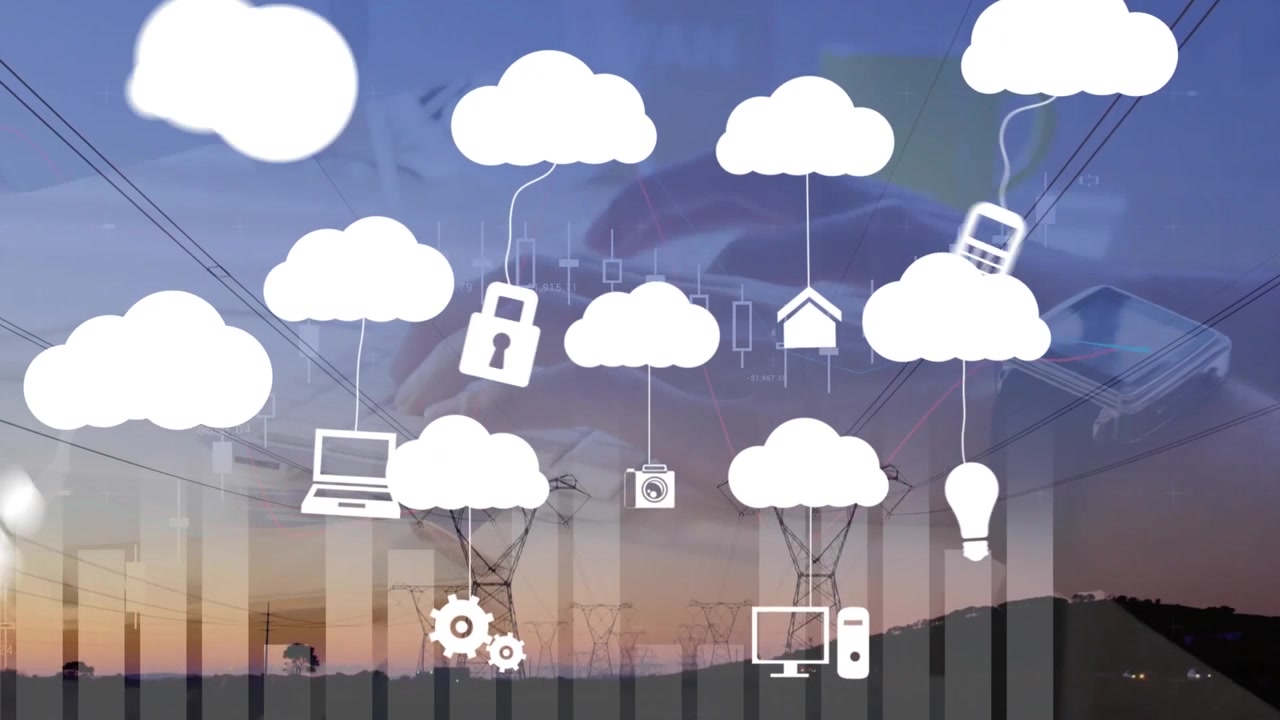 Animation of digital clouds with electronic devices over digital clouds with electronic devices
