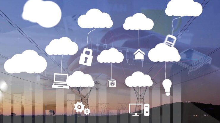 Animation of digital clouds with electronic devices over digital clouds with electronic devices