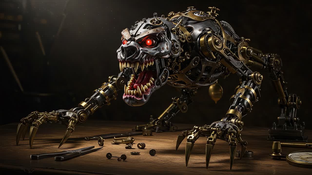 A menacing robotic creature, crafted from intricate mechanical parts, showcasing fierce red eyes and a powerful stance, emphasizes the fusion of technology and imagination