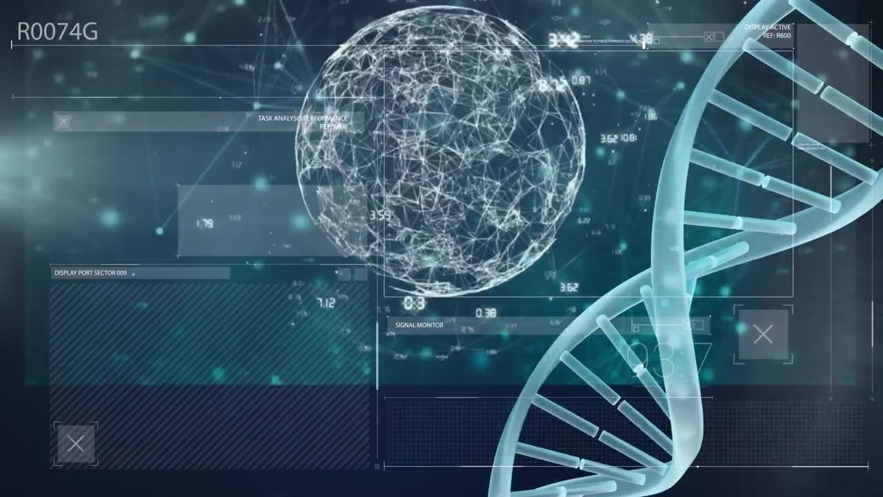 Animation of data processing and dna strand on black background