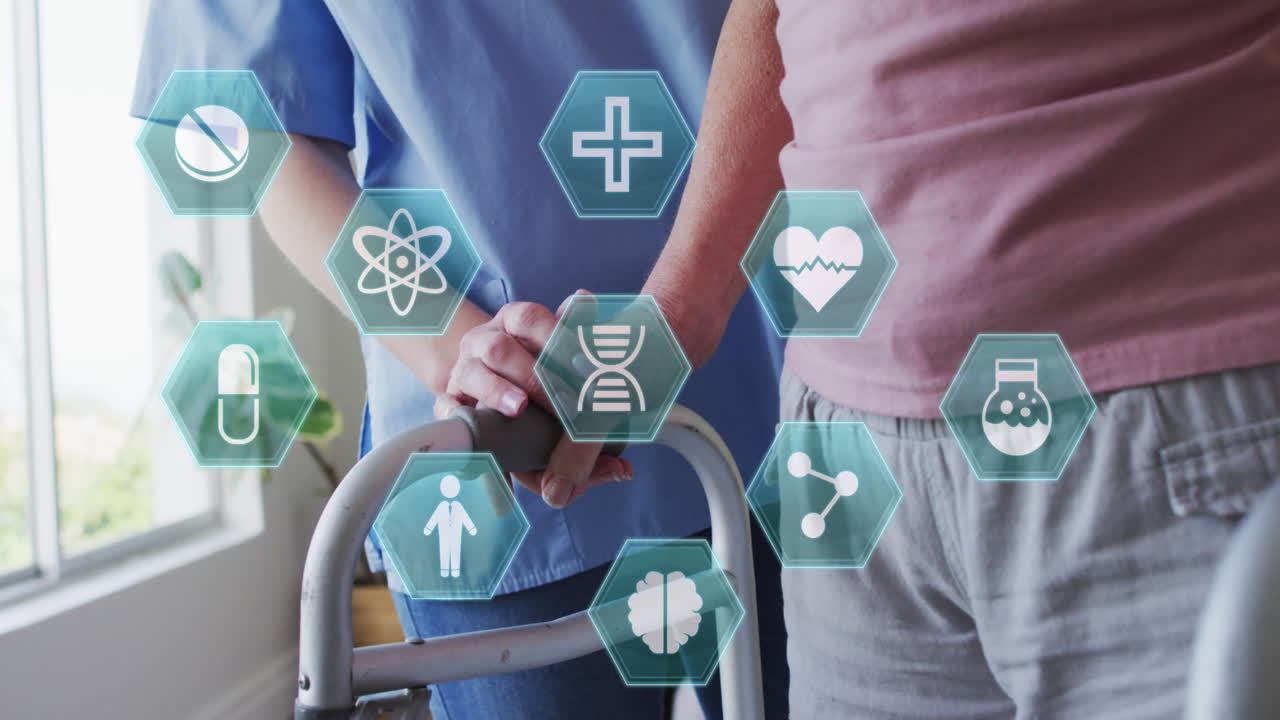 고령 백인 여성과 간호사가 운동하는 의료 아이콘의 애니메이션