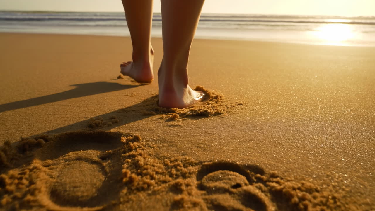 Piedi che camminano su sabbia dorata, litorale al tramonto, onde basse che lambiscono, morbide orme che seguono, caldo.