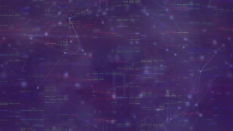 animación de la red de conexiones y procesamiento de datos en pantalla púrpura