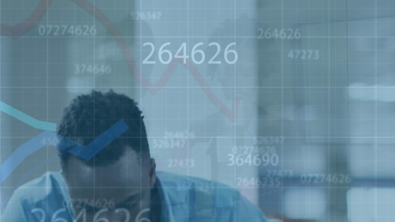 Animation of data processing over diverse business people working in office