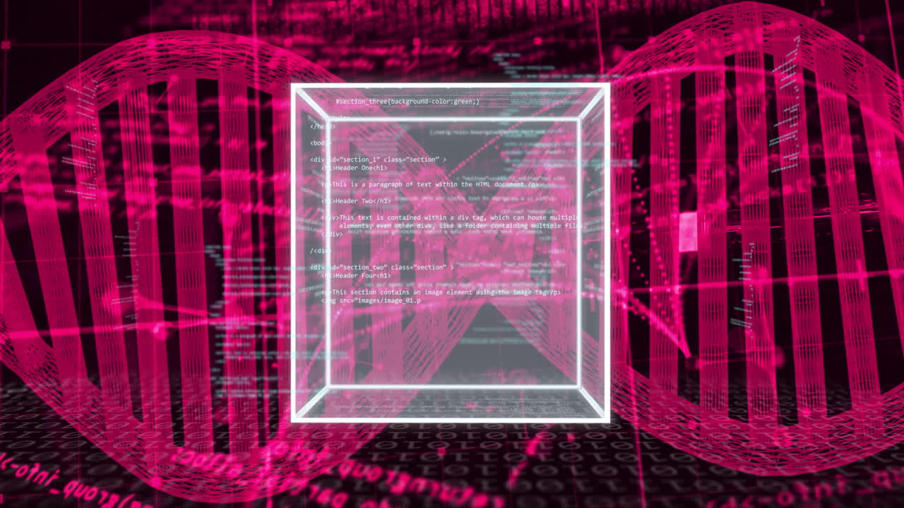 animación del cubo, procesamiento de datos digitales sobre el soporte de adn