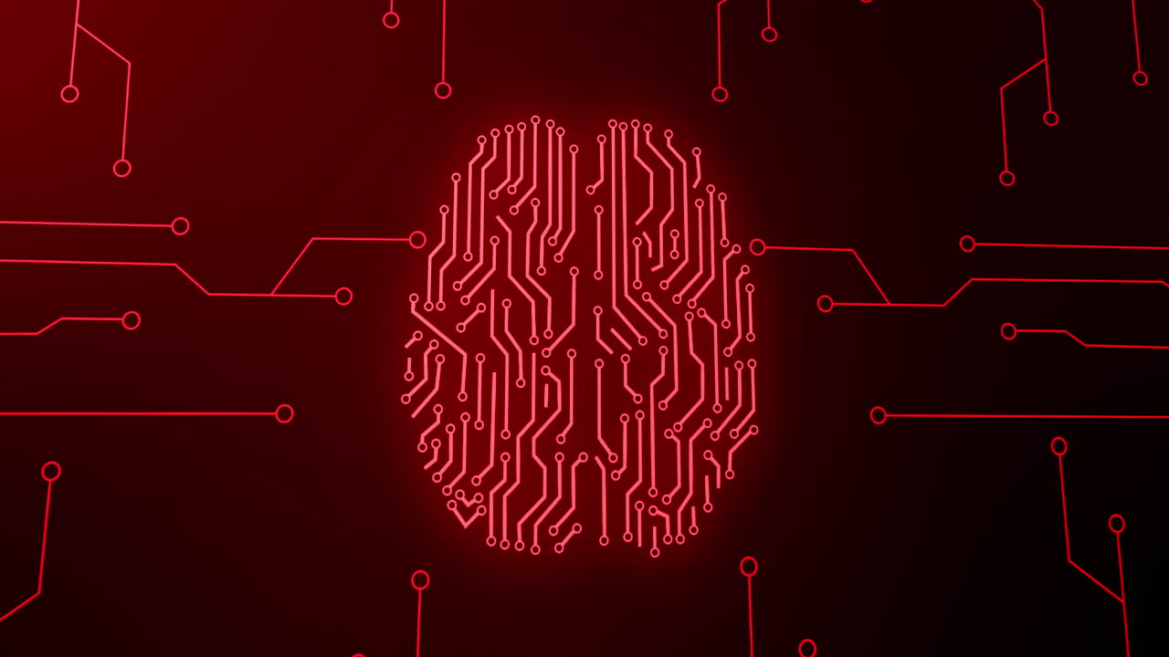 animación de cerebro humano brillante en rojo con circuito de placa madre de computadora sobre fondo negro