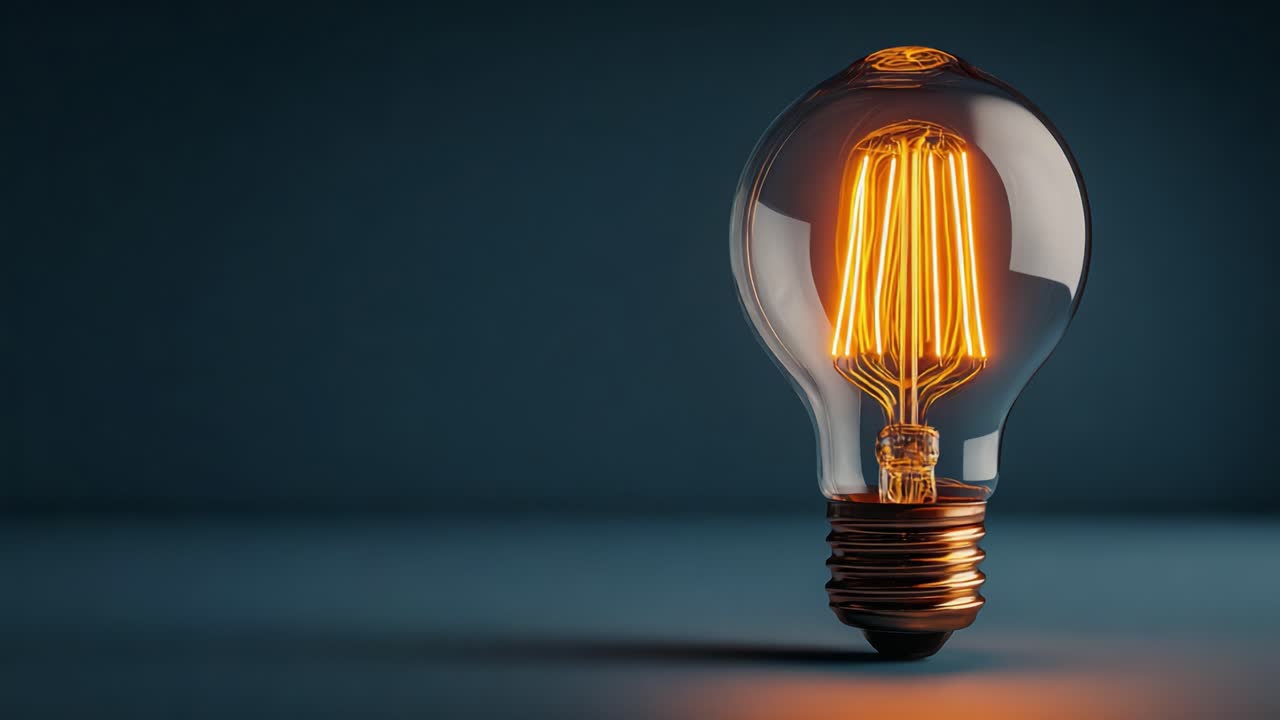 A Stunning Close-Up of a Vintage Light Bulb, Capturing the Intricate Glow of Its Filament Against a Dark Blue Background for a Visual Impact