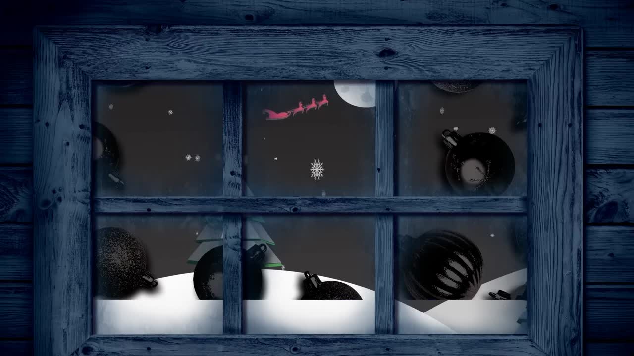 크리스마스 공예품과 겨울 풍경 위에 내리는 눈 위에 나무 창문 프레임