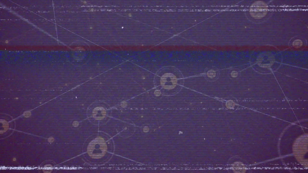 Animation of interference over network of connections with icons on black background