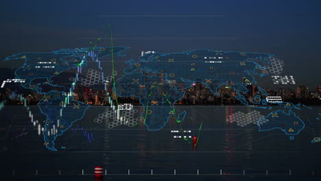 animación de gráficos, patrón de placa de circuito sobre el mar y ciudad moderna contra el cielo