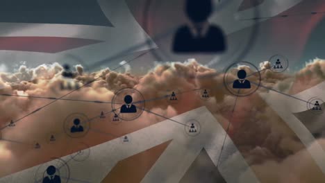 Animation-of-network-of-connections-of-icons-with-people-over-united-kingdom-flag-and-clouds