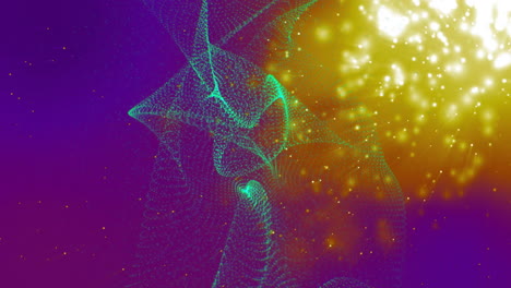 turquoise mesh flowing through purple to gold gradient scene, scattering glowing star dots