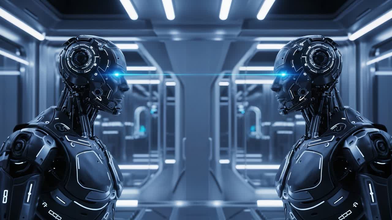 A captivating confrontation between two advanced humanoid robots in a futuristic corridor, showcasing the blend of technology and artificial intelligence in a visually stunning environment.