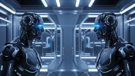 a captivating confrontation between two advanced humanoid robots in a futuristic corridor, showcasing the blend of technology and artificial intelligence in a visually stunning environment.