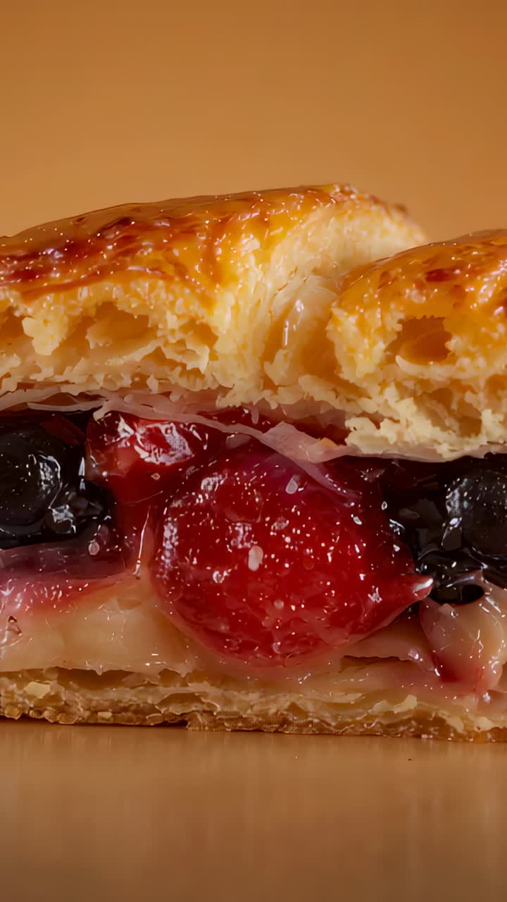 Video verticale: inquadratura di una fotocamera che riprende un dolce su un tavolo marrone chiaro, mostrando marmellata lucida e frutti di bosco per esaltarne la consistenza