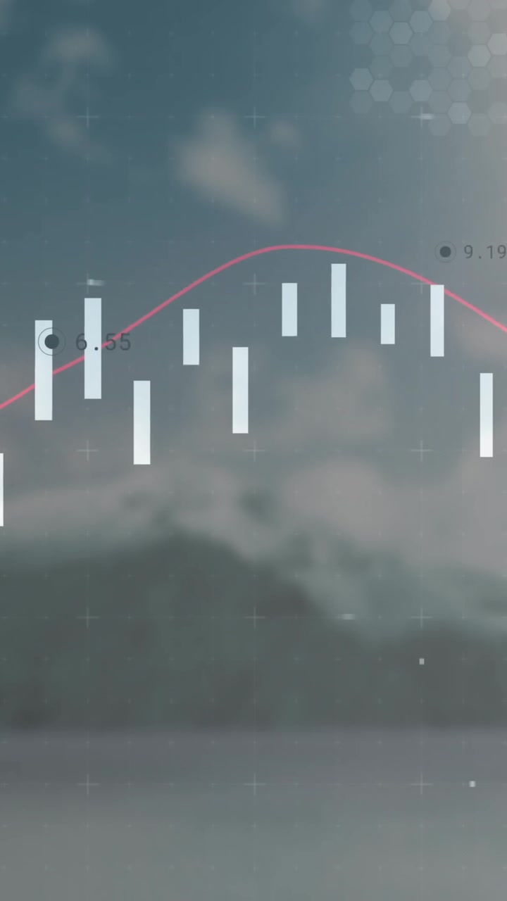 Financial data chart animation over scenic mountain and lake background