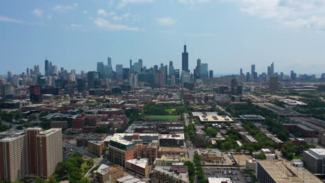 Aerial-view-over-the-cityscape-of-West-Loop,-sunny,-summer-day-in-Chicago,-USA