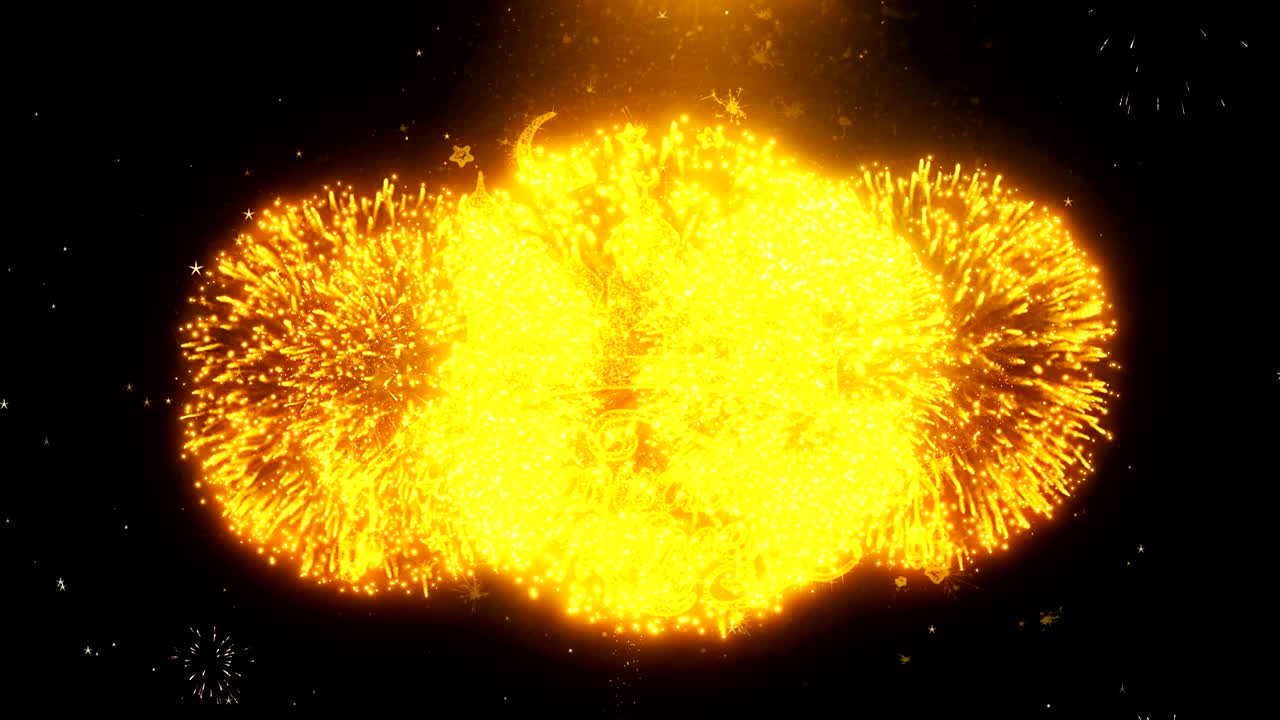 el texto de ramadán kareem desea una exhibición de fuegos artificiales de partículas de explosión.