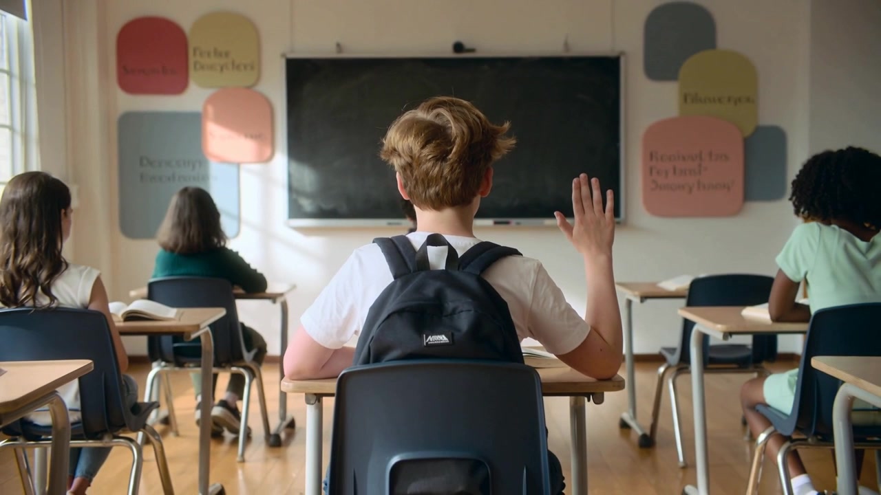 Ragazzo con maglietta bianca e zaino scuro che alza la mano per rispondere alla domanda dell'insegnante in un'aula con la lavagna.