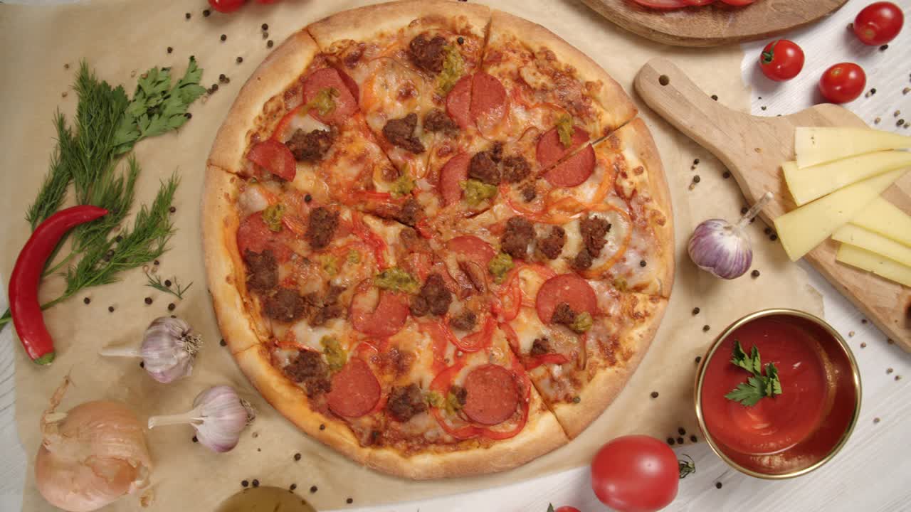 신선한 음식으로 둘러싸인 이탈리아 피자