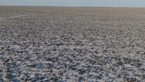 Frozen-Agricultural-Farm-Field-During-Winter,-Aerial