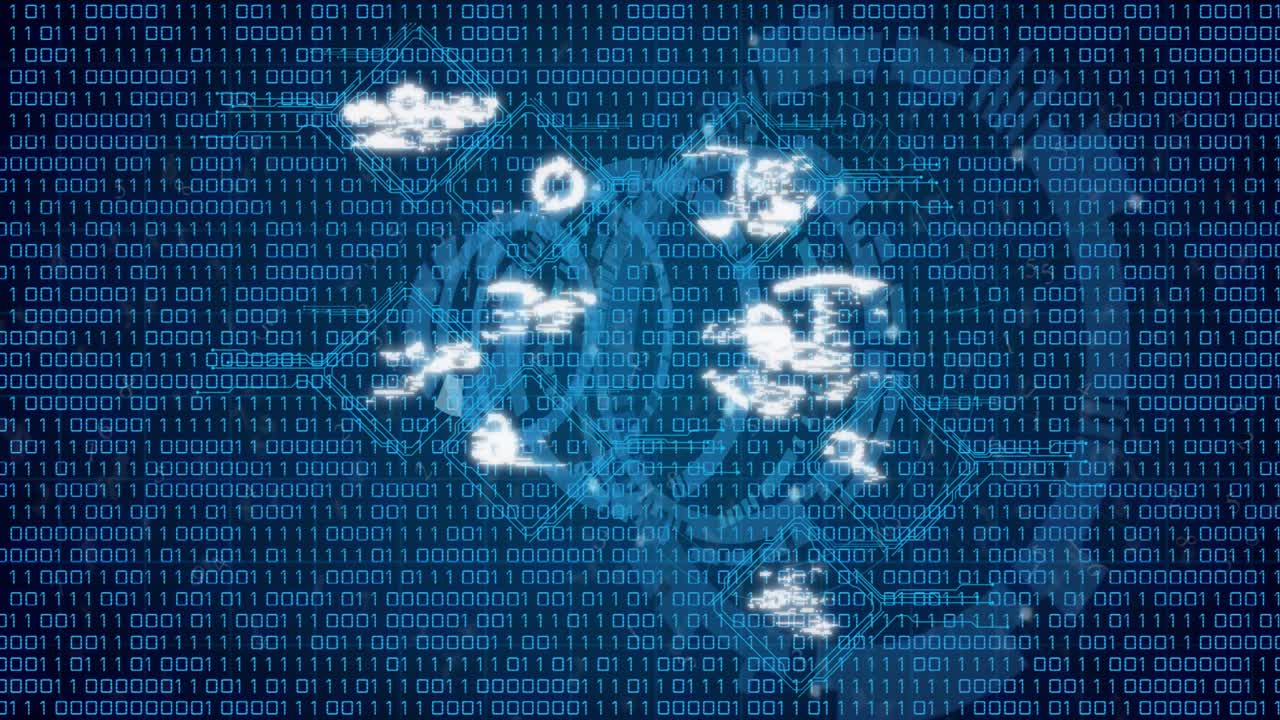 Particles moving in forming hex nodes linking and pulsing highlighting shield lock securing network