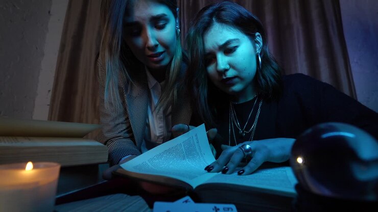 Due donne che studiano libri di magia e una sfera di cristallo