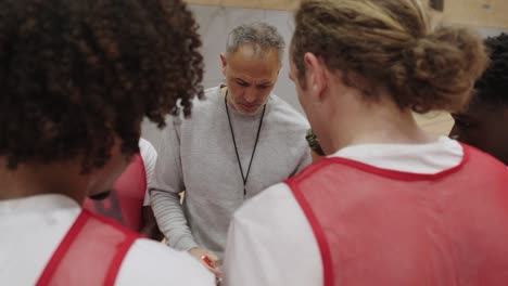 basketball coach huddling with team