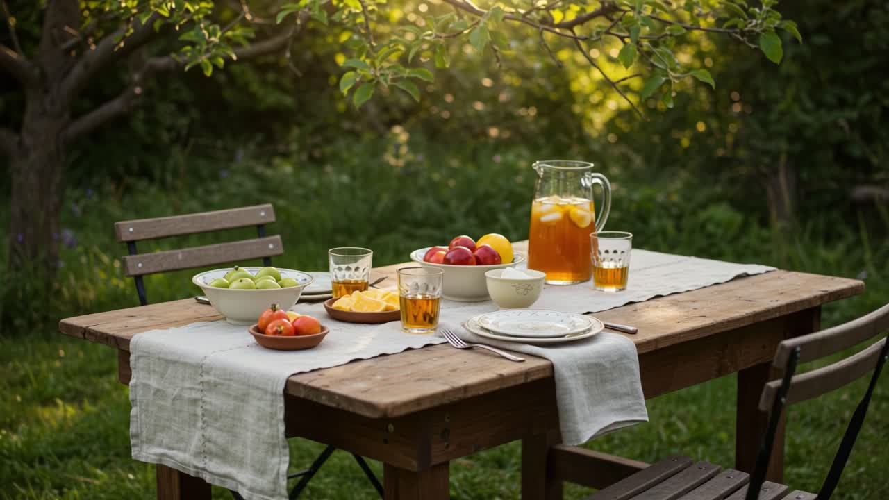 A Cozy Outdoor Table Set for a Refreshing Summertime Gathering with Fresh Fruits, Iced Tea, and a Warm, Inviting Atmosphere Amidst Lush Greenery