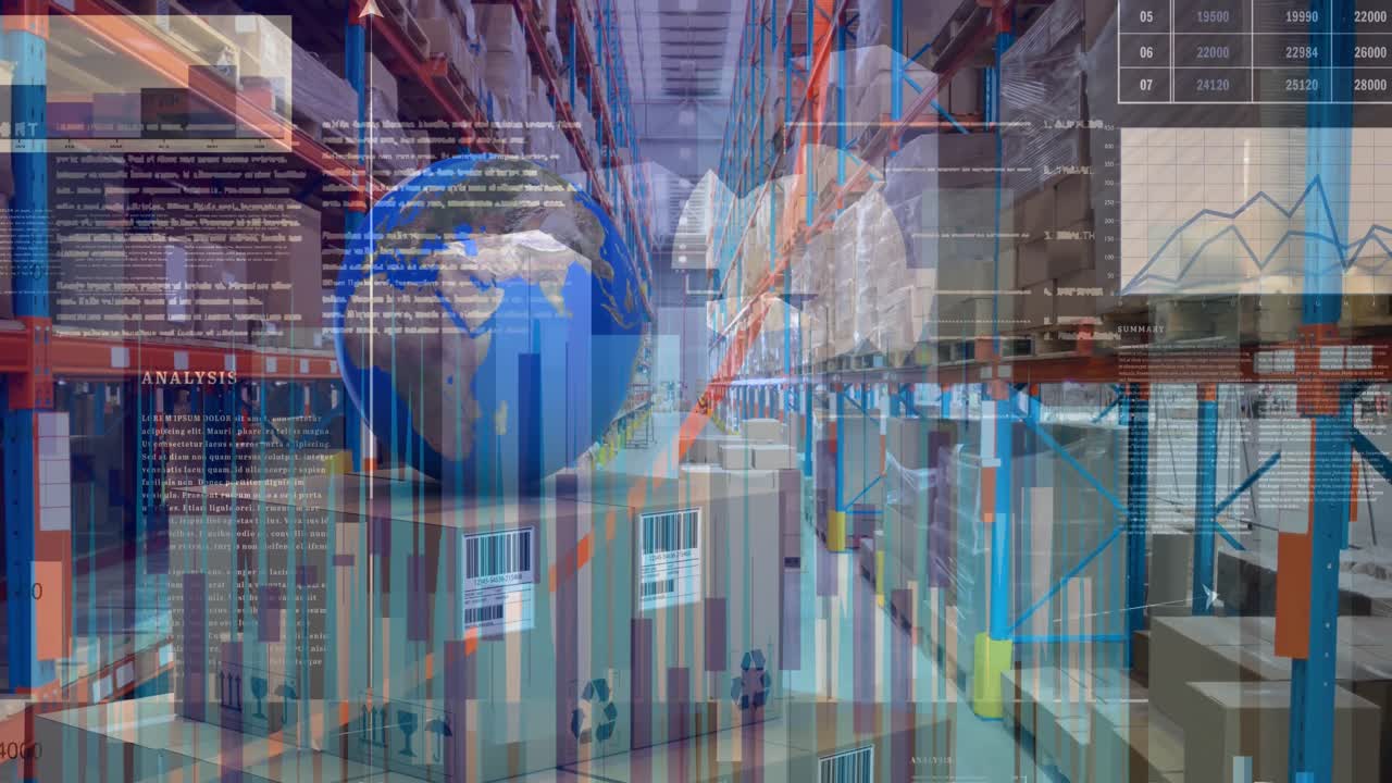 procesamiento de datos estadísticos y financieros contra el globo en la pila de cajas en el almacén