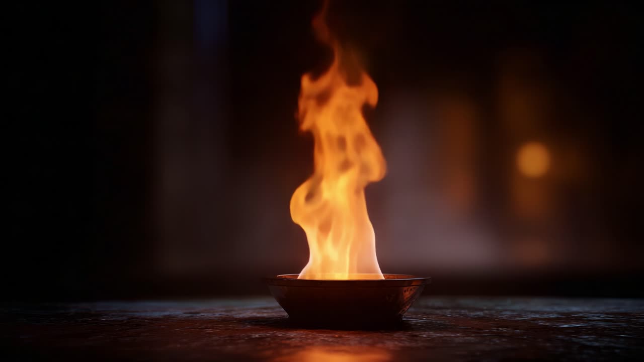 Fiamme vivaci danzano in una ciotola, proiettando ombre tremolanti e illuminando l'ambiente circostante con calore e mistero in un'ambientazione oscura e suggestiva