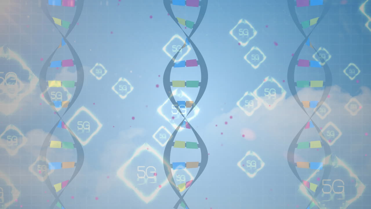 DNA鎖と5Gシンボルがアニメーションで動く、科学技術のコンセプト。
