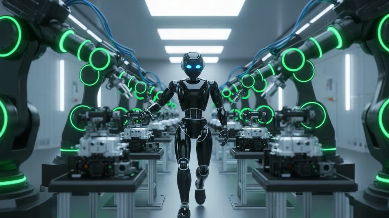 Futuristic robotic factory environment showcasing a sleek humanoid robot amidst advanced machinery and automated assembly lines, embodying the essence of modern manufacturing technology.