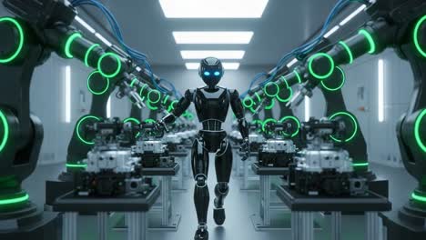 futuristic robotic factory environment showcasing a sleek humanoid robot amidst advanced machinery and automated assembly lines, embodying the essence of modern manufacturing technology.