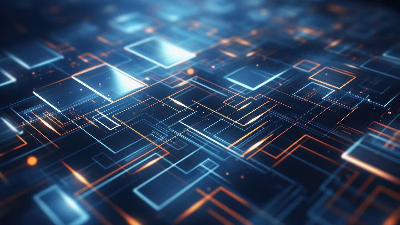 Futuristic circuit board design with glowing lines, captured from a top-down angle