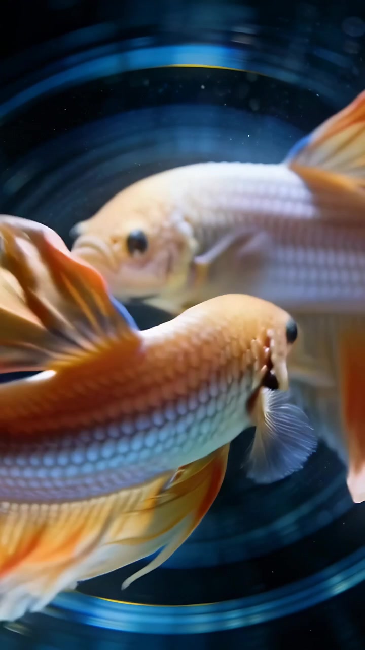 Video verticale: Telecamera che gira dopo il movimento di un pesce, mostrando due pesci arancioni che muovono le pinne in un acquario circolare, riunendosi.