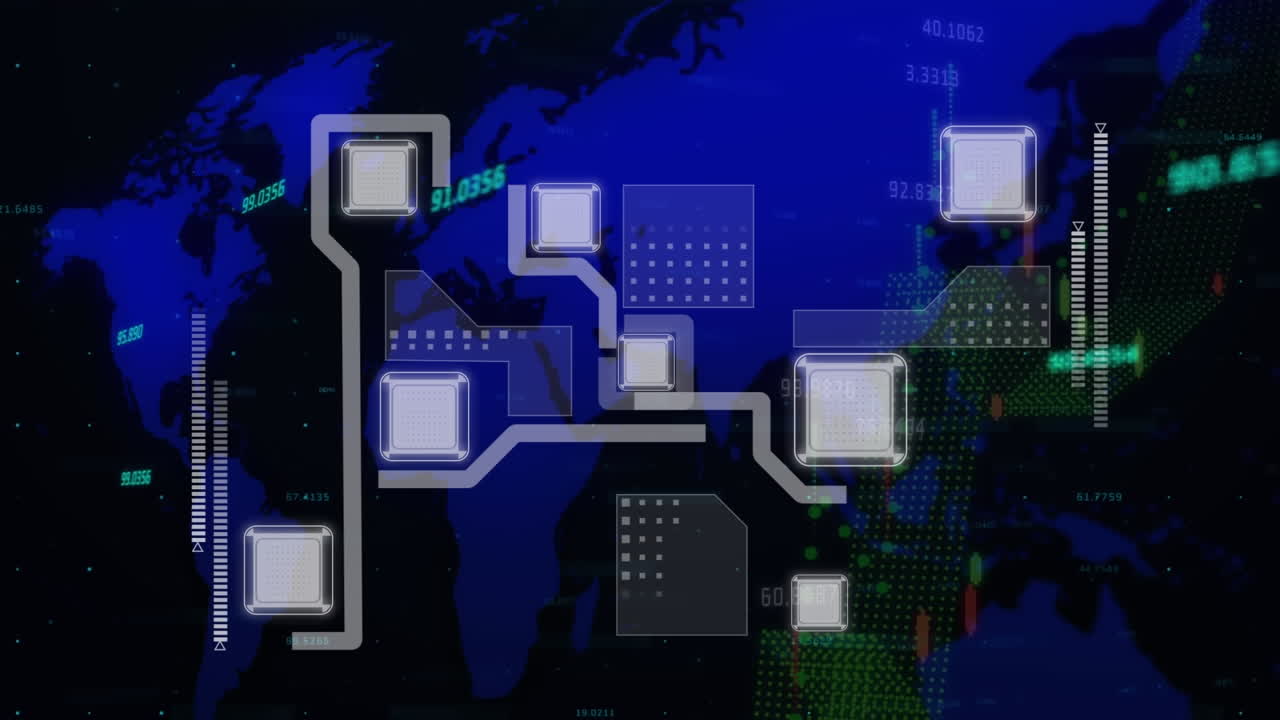 Animation of network of connections and data processing over world map