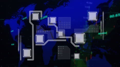animation of network of connections and data processing over world map