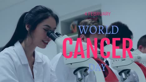 animation of world cancer day over happy asian lab worker using microscope