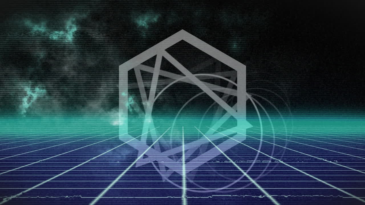 빛나는 파란색 그리드와 지평선 위에서 회전하는 회색 모양의 애니메이션, 검은색으로 이동