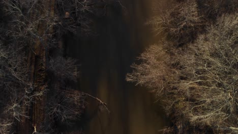 Flying-over-and-looking-down-into-the-muddy-Appomattox-River-that-flows-under-High-Bridge-Trail-in-Virginia