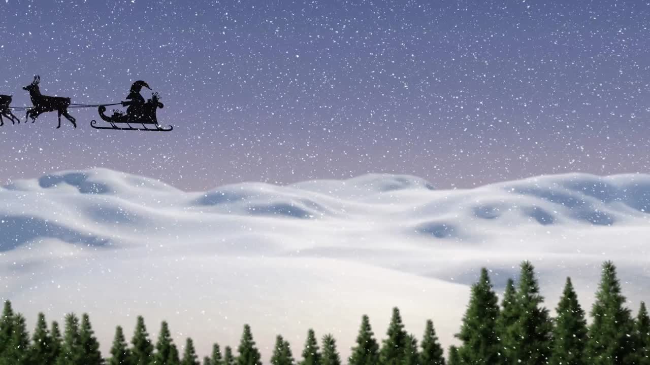 animación de santa claus en trineo con renos sobre la nieve que cae y el paisaje invernal