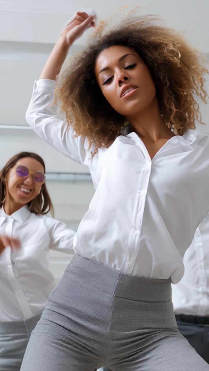 Joyful Dance Celebration in a Bright Studio with Stylish Outfits: Captivating Moments of Energy and Happiness Shared by Enthusiastic Performers