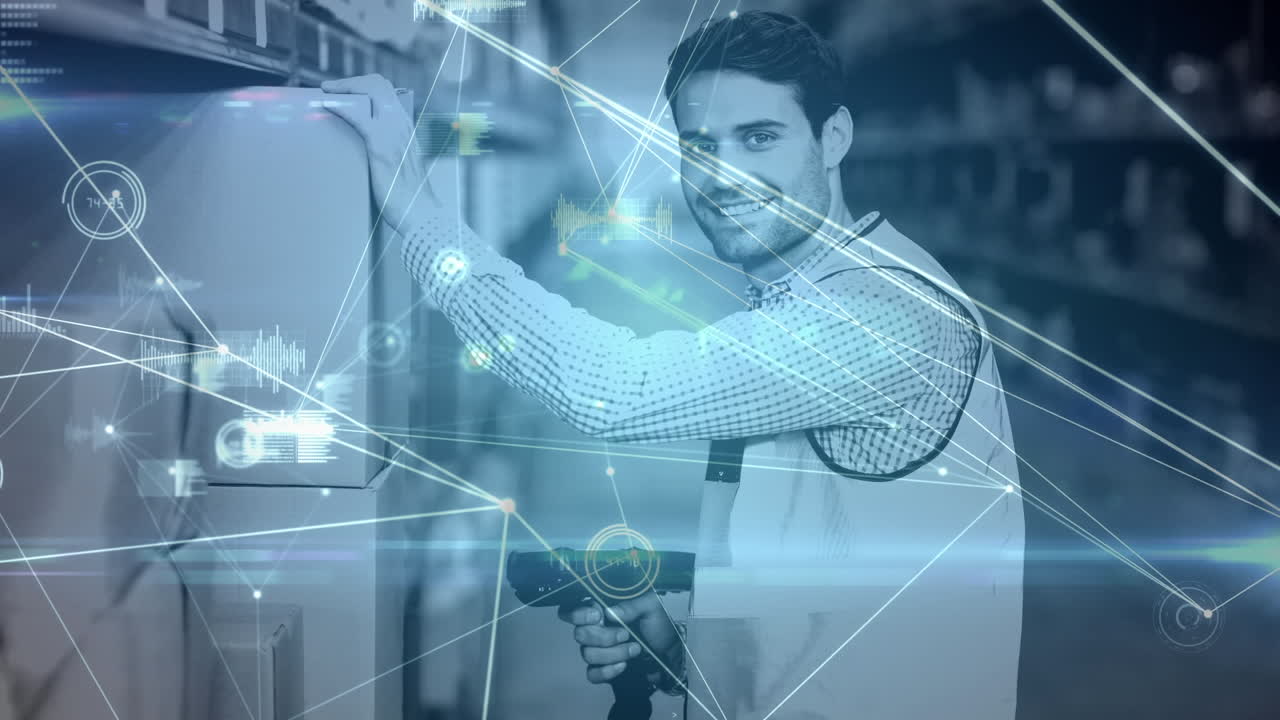 animación de la red de conexiones y procesamiento de datos sobre el hombre en el almacén