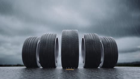 loop car tires rolling on wet asphalt in the rain with a thunderstorm