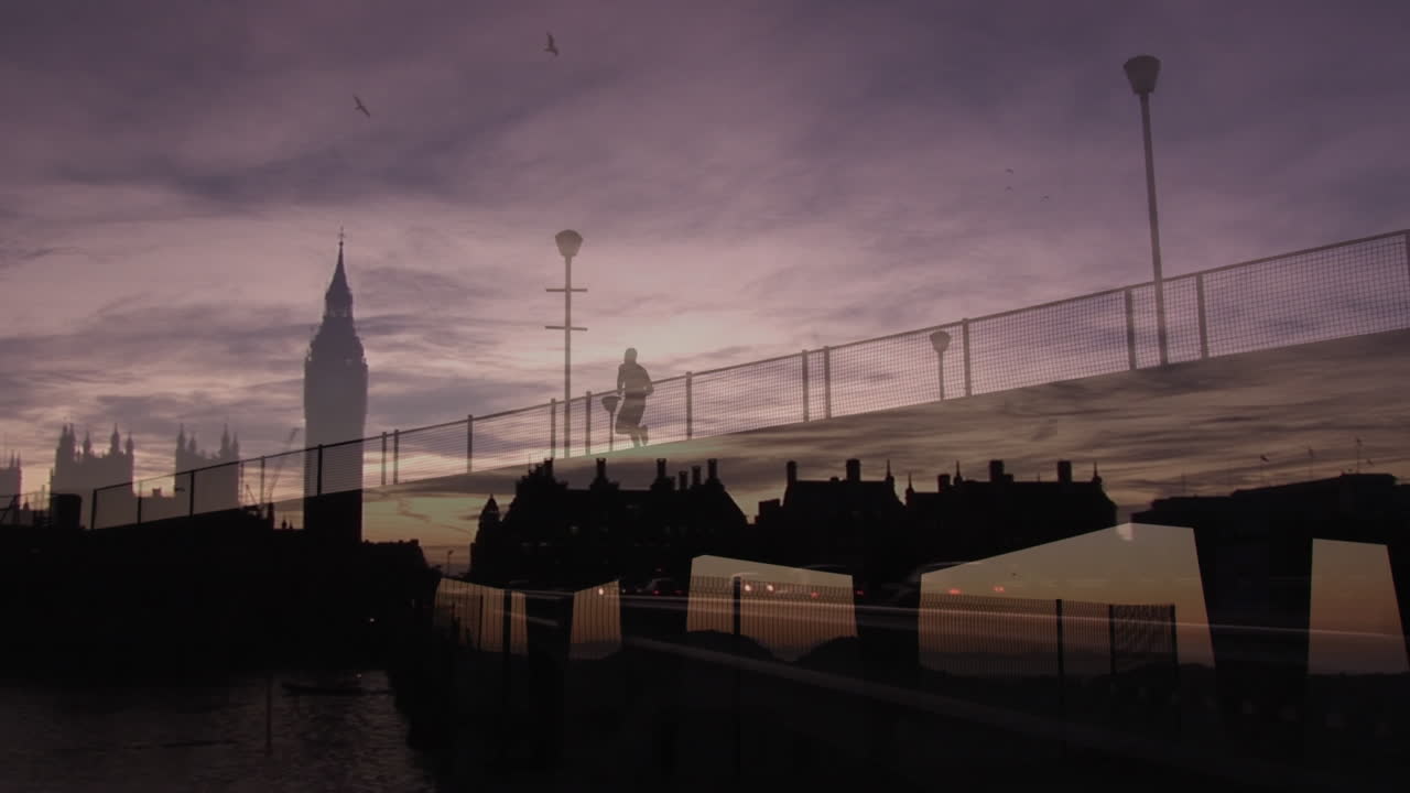 animación de un corredor caucásico que corre sobre el paisaje urbano de londres