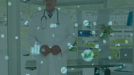 médico en bata blanca con animación de procesamiento de datos médicos sobre el fondo de la oficina