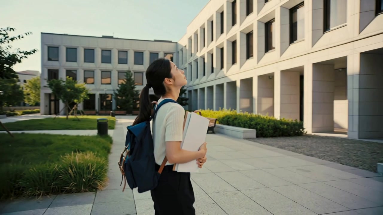 Studente che cammina con uno zaino blu navy e raccoglitori bianchi attraverso il cortile, dando un'occhiata all'ingresso.